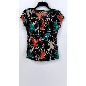 WORTHINGTON Women's Petite Scoop-Neck Multicolor Plant Pattern Shirt SZ S